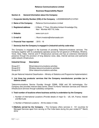 Thumbnail Reliance Communications
 ESG Report 2015-2016