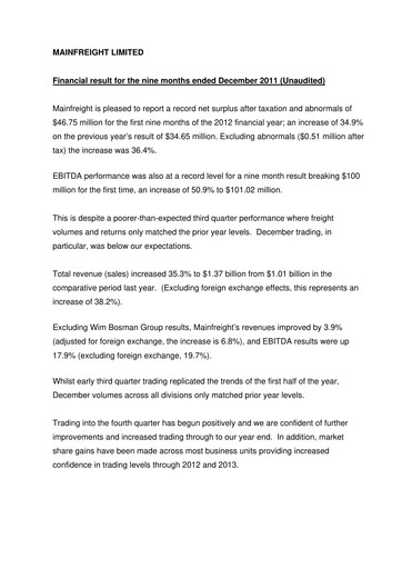 Thumbnail Mainfreight Financial Report 2011-9m