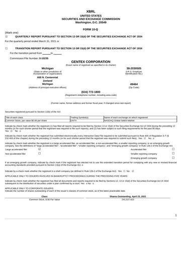 Thumbnail Gentex Quarterly Report 2021-q1