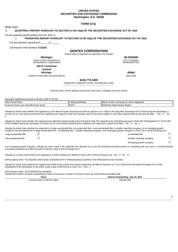 Thumbnail Gentex Quarterly Report 2021-q2