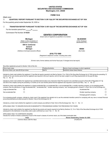Thumbnail Gentex Quarterly Report 2025-q3