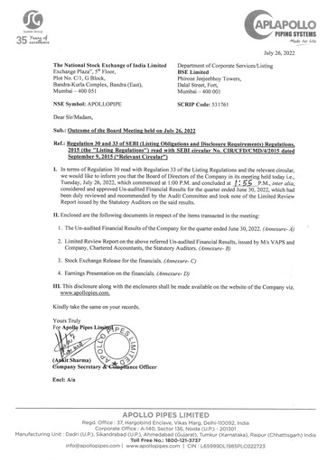 Thumbnail Apollo Pipes Quarterly Report 2022-q1