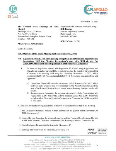 Thumbnail Apollo Pipes Quarterly Report 2022-q2