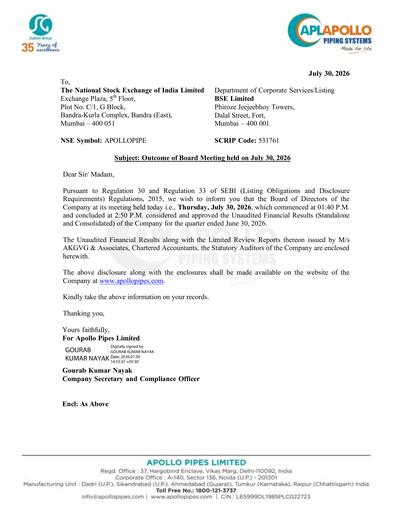 Thumbnail Apollo Pipes Quarterly Report 2026-q1