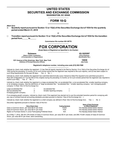 Thumbnail Fox Corporation Quarterly Report 2018-2019-q3