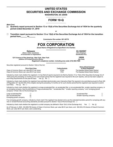 Thumbnail Fox Corporation Quarterly Report 2019-2020-q2