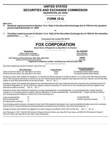Thumbnail Fox Corporation Quarterly Report 2020-2021-q2