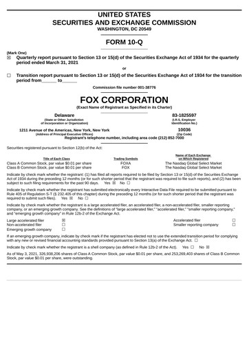 Thumbnail Fox Corporation Quarterly Report 2020-2021-q3