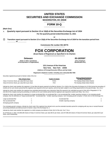 Thumbnail Fox Corporation Quarterly Report 2021-2022-q2