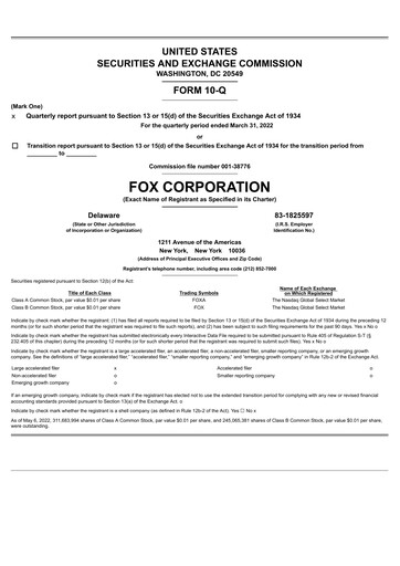 Thumbnail Fox Corporation Quarterly Report 2021-2022-q3