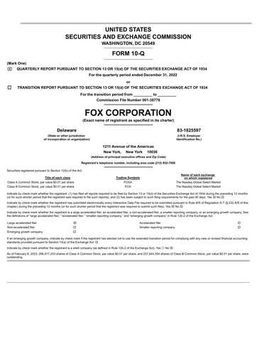 Thumbnail Fox Corporation Quarterly Report 2022-2023-q2