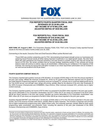 Thumbnail Fox Corporation Quarterly Report 2024-2025-q4