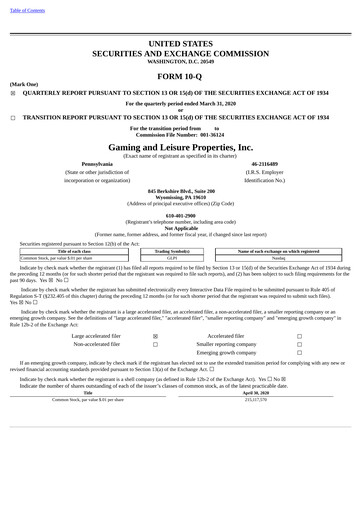 Thumbnail Gaming and Leisure Properties
 Quarterly Report 2020-q1