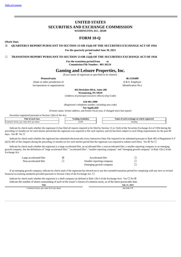 Thumbnail Gaming and Leisure Properties
 Quarterly Report 2023-q2