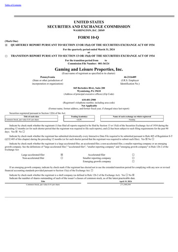 Thumbnail Gaming and Leisure Properties
 Quarterly Report 2024-q1