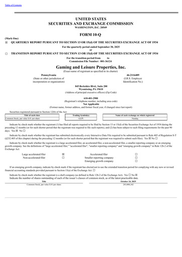 Thumbnail Gaming and Leisure Properties
 Quarterly Report 2025-q3