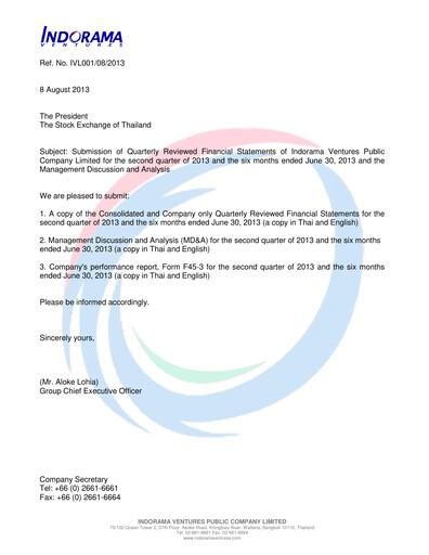 Thumbnail Indorama Ventures
 Quarterly Report 2013-q2