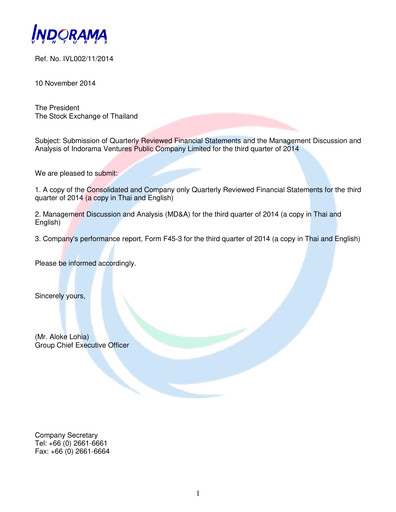 Thumbnail Indorama Ventures
 Quarterly Report 2014-q3
