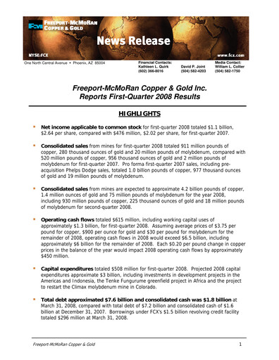 Thumbnail Freeport-McMoRan Quarterly Report 2008-q1