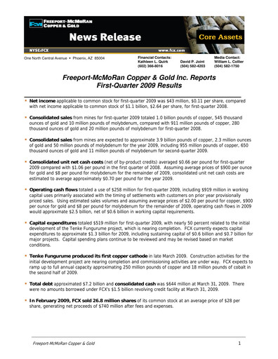 Thumbnail Freeport-McMoRan Quarterly Report 2009-q1