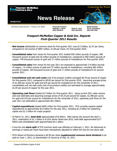Thumbnail Freeport-McMoRan Quarterly Report 2011-q1