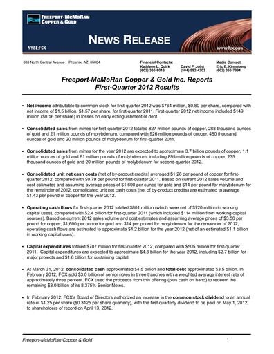 Thumbnail Freeport-McMoRan Quarterly Report 2012-q1
