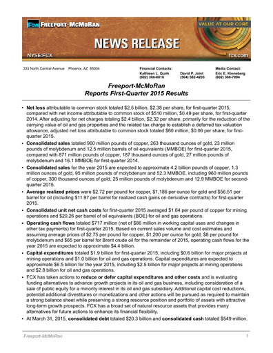 Thumbnail Freeport-McMoRan Quarterly Report 2015-q1