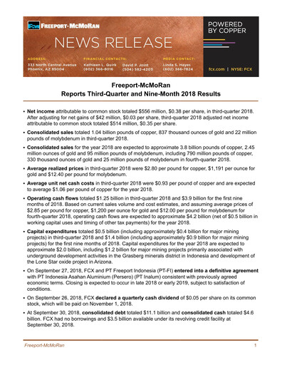 Thumbnail Freeport-McMoRan Quarterly Report 2018-q3