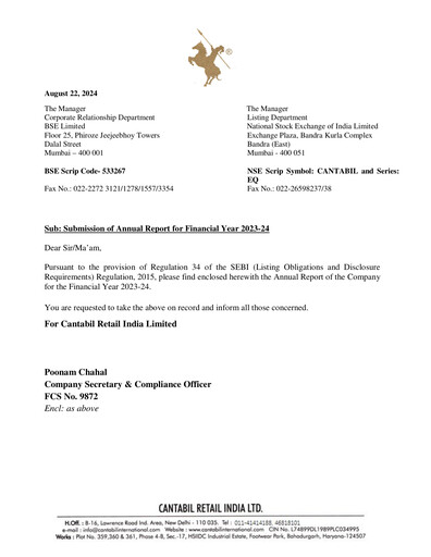 Thumbnail Cantabil Retail India
 Annual Report 2023-2024