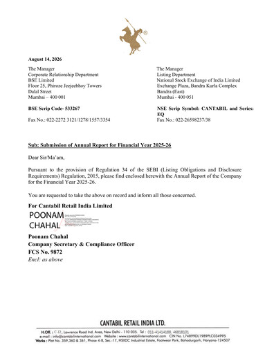 Thumbnail Cantabil Retail India
 Annual Report 2025-2026