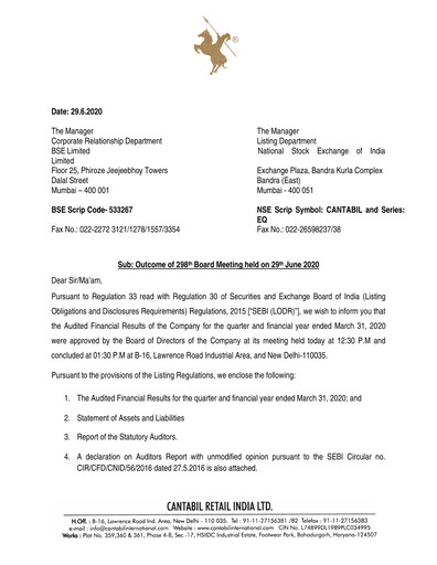 Thumbnail Cantabil Retail India
 Financial Statement 2019-2020