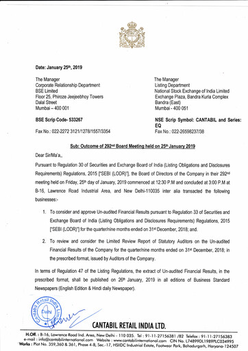 Thumbnail Cantabil Retail India
 Quarterly Report 2018-q3