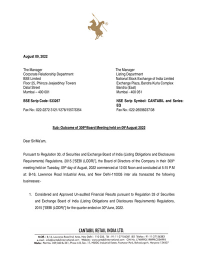 Thumbnail Cantabil Retail India
 Quarterly Report 2022-q1