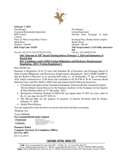 Thumbnail Cantabil Retail India
 Quarterly Report 2023-q3