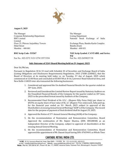 Thumbnail Cantabil Retail India
 Quarterly Report 2025-q1