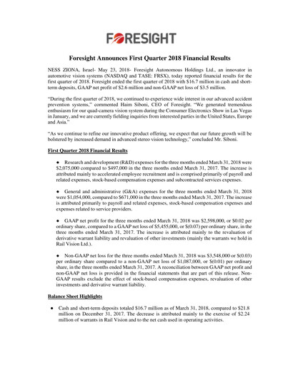 Thumbnail Foresight Autonomous Holdings Financial Report 2018-q1