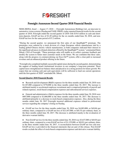 Thumbnail Foresight Autonomous Holdings Financial Report 2018-q2