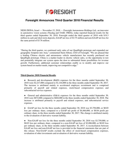 Thumbnail Foresight Autonomous Holdings Financial Report 2018-q3
