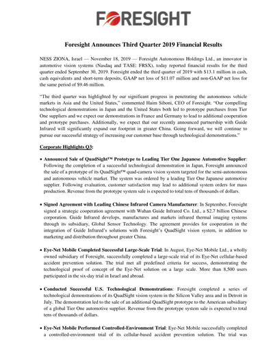 Thumbnail Foresight Autonomous Holdings Financial Report 2019-q3