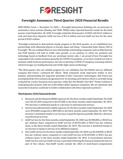 Thumbnail Foresight Autonomous Holdings Financial Report 2020-q3