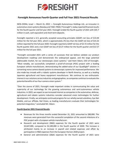 Thumbnail Foresight Autonomous Holdings Financial Report 2021