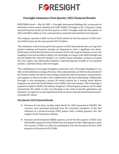 Thumbnail Foresight Autonomous Holdings Financial Report 2022-q1