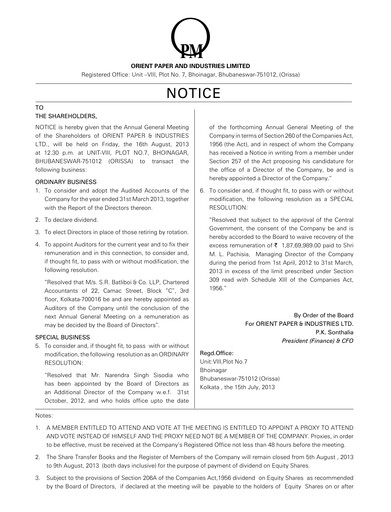 Miniature Orient Paper Mills
 Rapport annuel 2012-2013