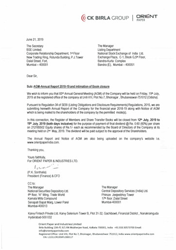 Miniature Orient Paper Mills
 Rapport annuel 2018-2019