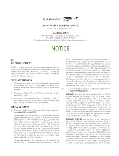 Miniature Orient Paper Mills
 Rapport annuel 2019-2020