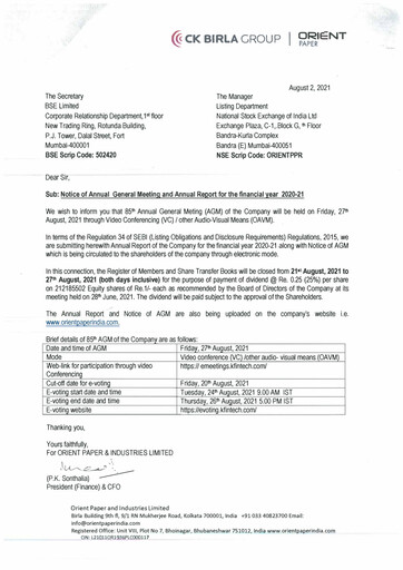 Miniature Orient Paper Mills
 Rapport annuel 2020-2021