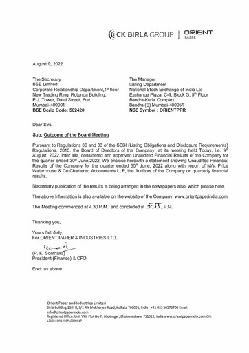 Thumbnail Orient Paper Mills
 Quarterly Report 2022-q1