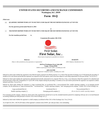 Thumbnail First Solar
 Quarterly Report 2018-q1