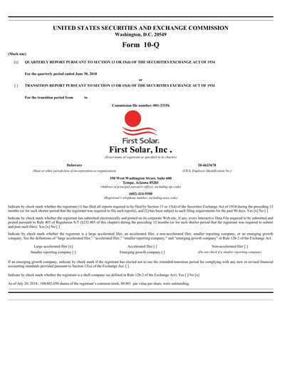 Thumbnail First Solar
 Quarterly Report 2018-q2