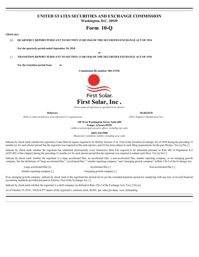 Thumbnail First Solar
 Quarterly Report 2018-q3